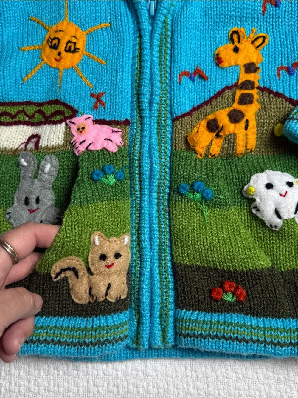 Handknit Peruvian Zip Up Hooded Sweater Lucy Iburg 4T Colorful Animals Landscape